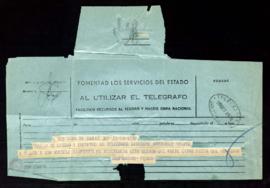 Telegrama de José María Pemán [a Julio Urquijo] en el que le dice que no puede volver a San Sebas...