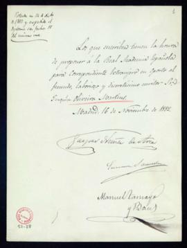 Propuesta firmada por Gaspar Núñez de Arce, Eduardo Saavedra y Manuel Tamayo y Baus de Joaquín Ol...