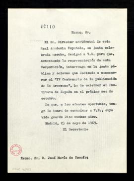 Copia sin firma del oficio del secretario a José María de Cossío en el que le comunica que el dir...
