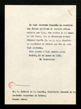 Copia sin firma del oficio del secretario a Alfredo de la Guardia, secretario general de la Acade...