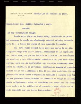 Carta de Ismael G. Fuentes a Emilio Cotarelo, secretario, con la que le remite la lista  de acadé...