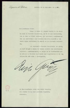 Carta de Luis Felipe Lira Girón a Julio Casares de acuse de recibo de los escritos y nombramiento...