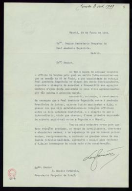 Carta de Luis Guimarães a Emilio Cotarelo en la que acusa recibo de su nombramiento como académic...