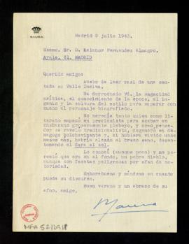 Carta de Gabriel Maura Gamazo a Melchor Fernández Almagro en la que le dice que ha leído de una s...