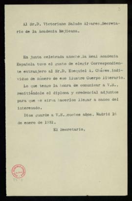 Copia del oficio del secretario a Victoriano Salado Álvarez , secretario de la Academia Mexicana,...