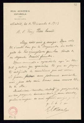 Minuta de la carta del secretario, E[milio] Cotarelo, a fray Pedro Gerard, en la que le anuncia e...