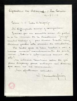 Carta de Wenceslao Fernández Flórez a Julio de Urquijo en la que lamenta no poder asistir a la re...