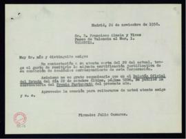 Copia sin firma de la carta de Julio Casares a Francisco Almela y Vives con la que le remite la c...