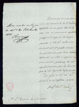 Carta de José Antonio Conde a Ramón de Chimioni en la que le ruega que haga presente a la Academi...