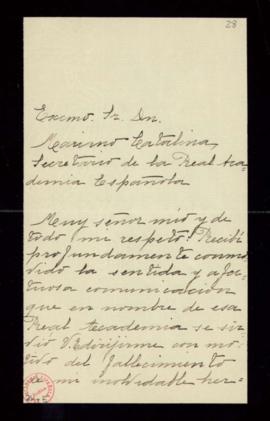 Carta de Enrique Menéndez Pelayo al secretario, Mariano Catalina, de agradecimiento a la Academia...