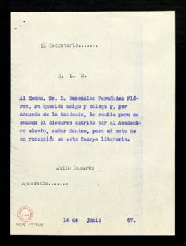 Copia del besalamano de Julio Casares a Wenceslao Fernández Flórez con el que le remite, para su ...