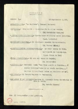 Noticiero de España. Sumario. Número 3. 18 de septiembre de 1937
