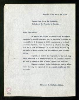 Copia sin firma de la carta de Ramón Menéndez Pidal a Guy de la Tournelle en la que acusa recibo ...