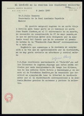 Carta de Manuel García Blanco a Julio Casares en la que acepta su designación como vocal del jura...