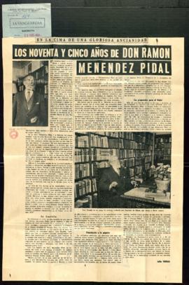 Recorte del diario La Vanguardia con el artículo Los noventa y cinco años de don Ramón Menéndez P...
