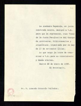 Copia sin firma del oficio del secretario a Armando Cotarelo de traslado de su designación como v...