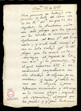 Acuerdo de 21 de noviembre de 1765 sobre el pago al copiante, Justo del Cerro, por cada uno de lo...