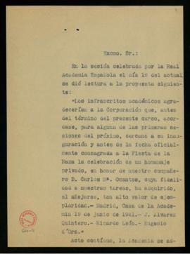 Copia del oficio del secretario a Carlos María Ocantos de traslado de la adhesión de la Academia ...