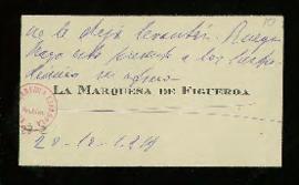 Tarjeta de visita de la marquesa de Figueroa en la que informa que su marido [el marqués de Figue...