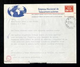 Telegrama de pésame de la Unión de Escritores Soviéticos a Ramón Menéndez Pidal con motivo del fa...