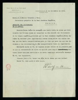 Carta de C. F. Adolf van Dam a Emilio Cotarelo con la que le remite una breve lista de notas toma...