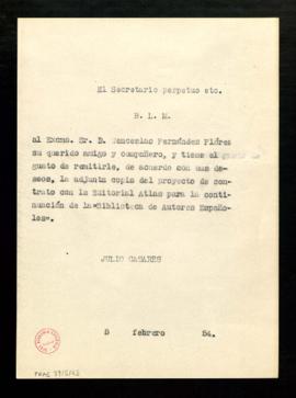 Minuta del besalamano de Julio Casares a Wenceslao Fernández Flórez que acompaña una copia del pr...