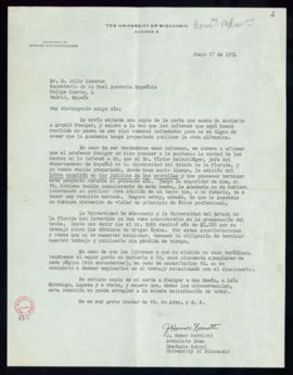 Carta de J. Homer Herriott a Julio Casares en la que se muestra sorprendido por la información qu...