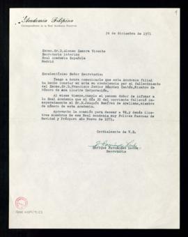 Carta de Enrique Fernández Lumba, secretario de la Academia Filipina, a Alonso Zamora Vicente en ...