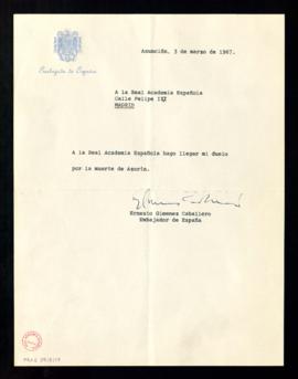 Carta del Ernesto Giménez Caballero, embajador de España, a la Academia con su pésame por la muer...