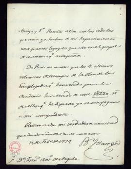 Carta de Bernardo Iriarte a Francisco Antonio de Angulo con la que le remite unas cédulas de su r...