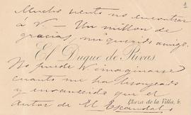 Tarjeta de visita del duque de Rivas con agradecimiento a Pedro Antonio de Alarcón por la benevol...