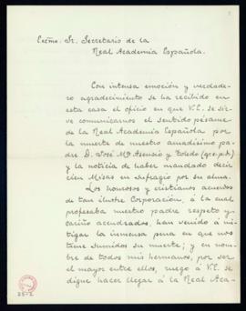 Carta de J[osé] Asensio y Caro al secretario [Mariano Catalina] de agradecimiento a la Academia p...