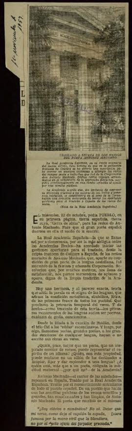 Recorte del diario Pueblo con la noticia sobre el acuerdo de la Academia de trasladar a España lo...