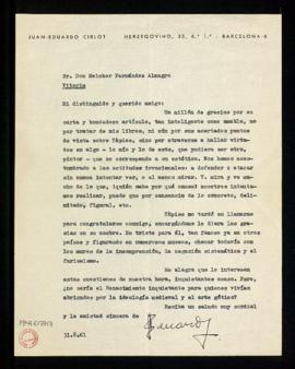 Carta de Juan Eduardo Cirlot a Melchor Fernández Almagro en la que le agradece el bondadoso artíc...