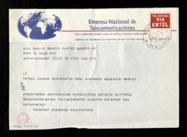 Telegrama del director de la Academia Ecuatoriana a Rafael Lapesa, secretario de la Academia Espa...
