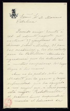 Carta del duque de Rivas [Enrique Ramírez de Saavedra] al secretario, Mariano Catalina, con la qu...