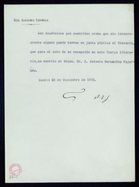 Informe de censura positivo del discurso escrito por Antonio Hernández Fajarnés para su recepción...