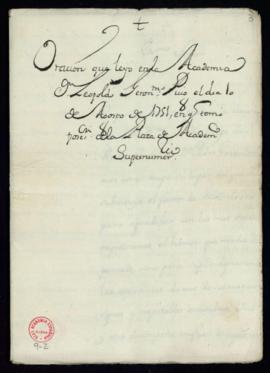 Oración que leyó D. Leopoldo Jerónimo Puig el día 10 de agosto de 1751 en que tomó posesión de la...