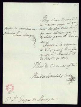 Orden de Manuel de Lardizábal del pago a Juan Minguet de 200 reales de vellón por una cabecera qu...