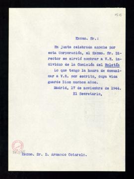 Copia del oficio sin firma del secretario a Armando Cotarelo de traslado de su nombramiento como ...