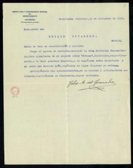 Carta de Félix A. del Granado a Emilio Cotarelo en la que le anuncia el envío de tres ejemplares ...