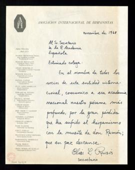Carta de Elías L. Rivers, de la Asociación Internacional de Hispanistas, al secretario con la que...