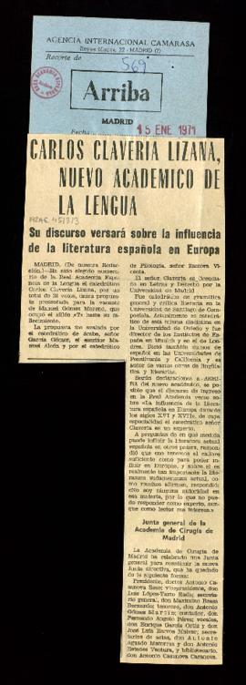 Recorte del diario Arriba con la noticia titulada Carlos Clavería Lizana, nuevo académico de la L...