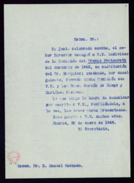 Copia sin firma del oficio del secretario a Manuel Machado y Ruiz de traslado de su designación c...
