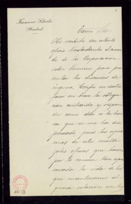 Carta de Francisco Silvela al secretario, Manuel Tamayo y Baus, en la que acusa de recibo de su o...