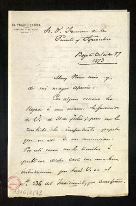 Carta de Miguel Antonio Caro a Fermín de la Puente Apezechea en la que acusa recibo de su carta d...