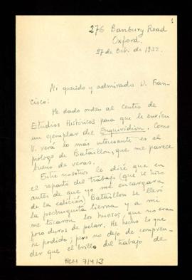Carta de Dámaso Alonso a Francisco Rodríguez Marín en la que le informa de que ha dado orden al C...