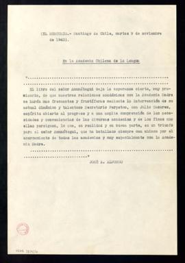 Transcripción del texto del artículo titulado En la Academia Chilena de la Lengua, por José A. Al...
