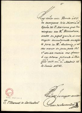Oficio de Juan de Santander a Manuel de Lardizábal con el que envía dos ejemplares de la Historia...