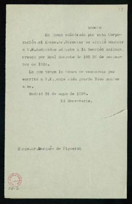 Minuta del oficio del secretario [Emilio Cotarelo] a Juan de Armada y Losada, marqués de Figueroa...